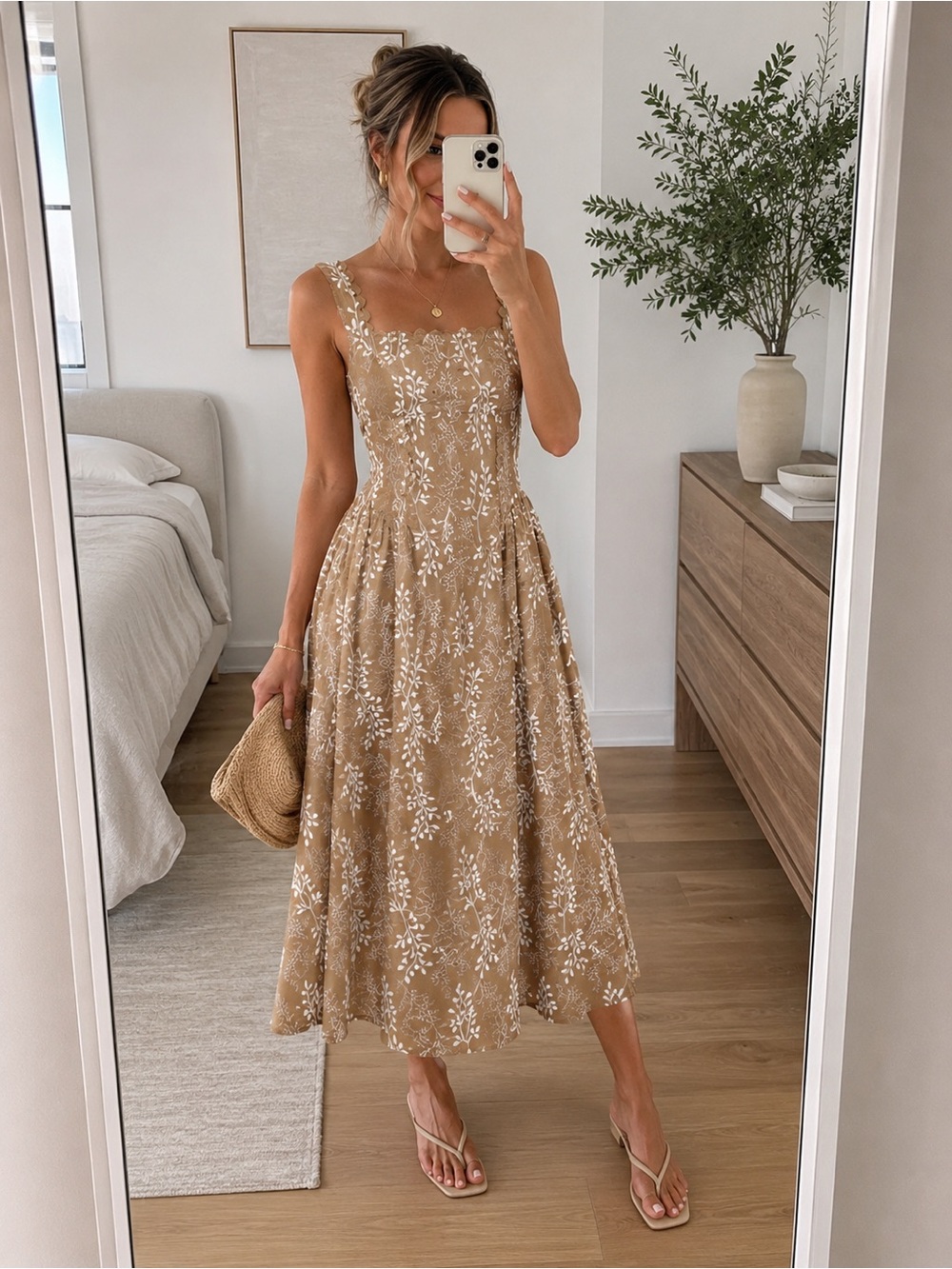 Moon River Mocha Embroidered Corset Square Neck Fit & Flare Midi Dress S